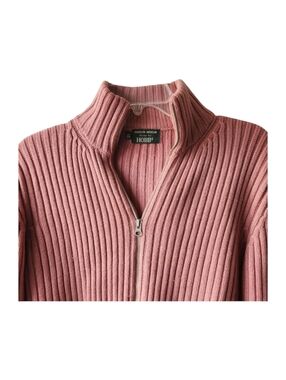 Vintage Cardigan Women L Pink Merino Wool Full Zip Mock Neck Ribbed Knit Y2K